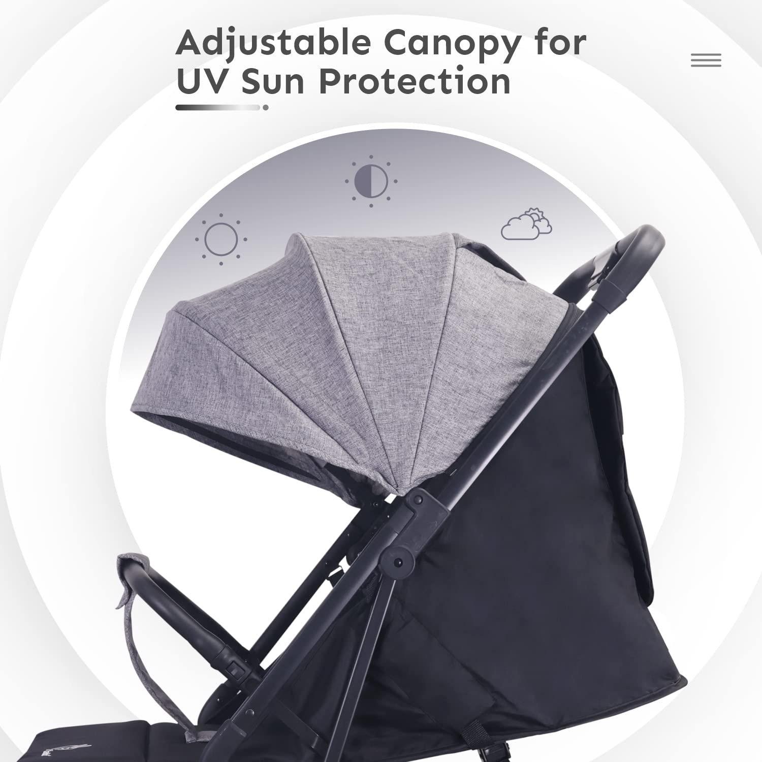 Black stroller with adjustable gray canopy for UV sun protection on a white background